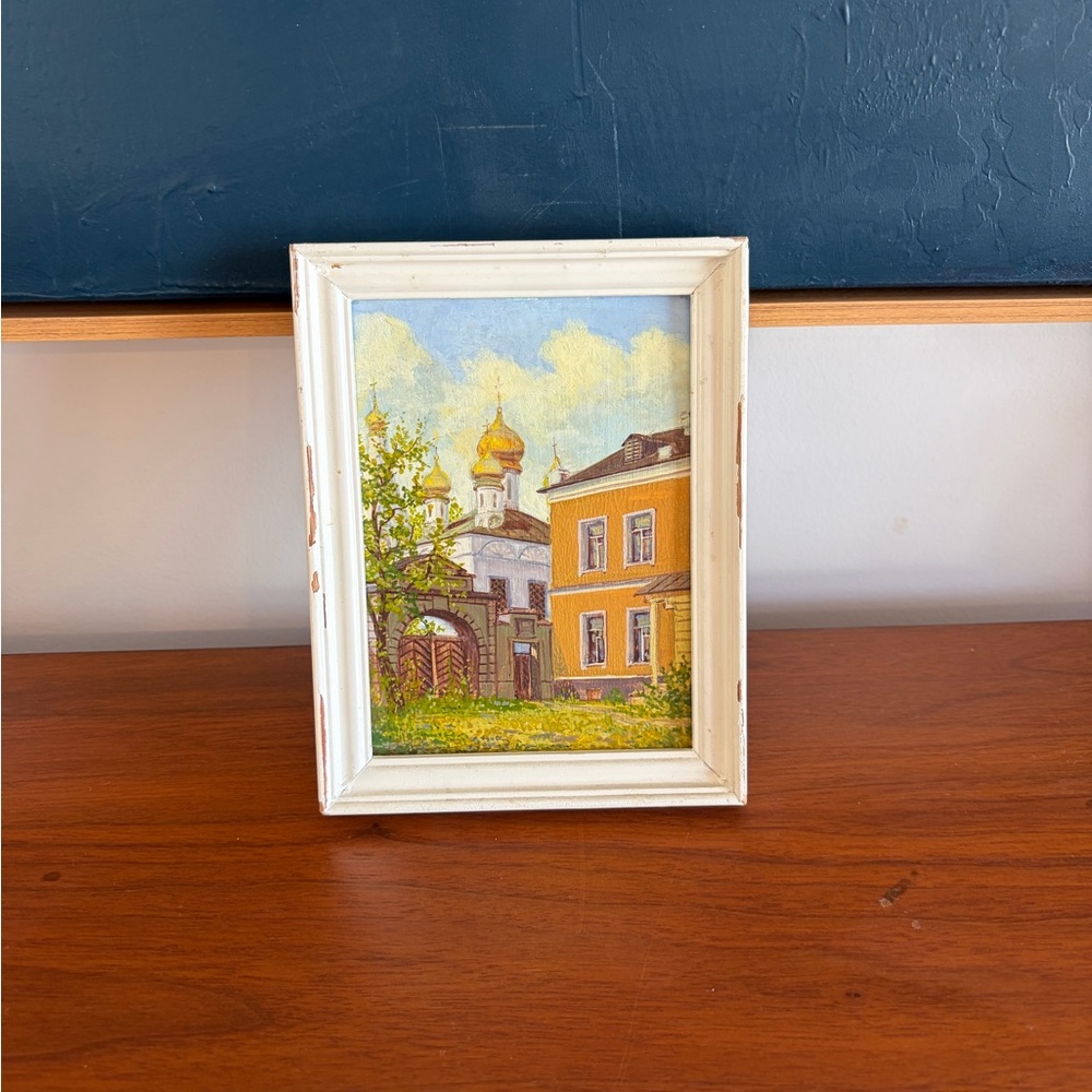 Vintage Russian Landscape Painting, Mini Cottagecore Wall Decor, Rustic Frame